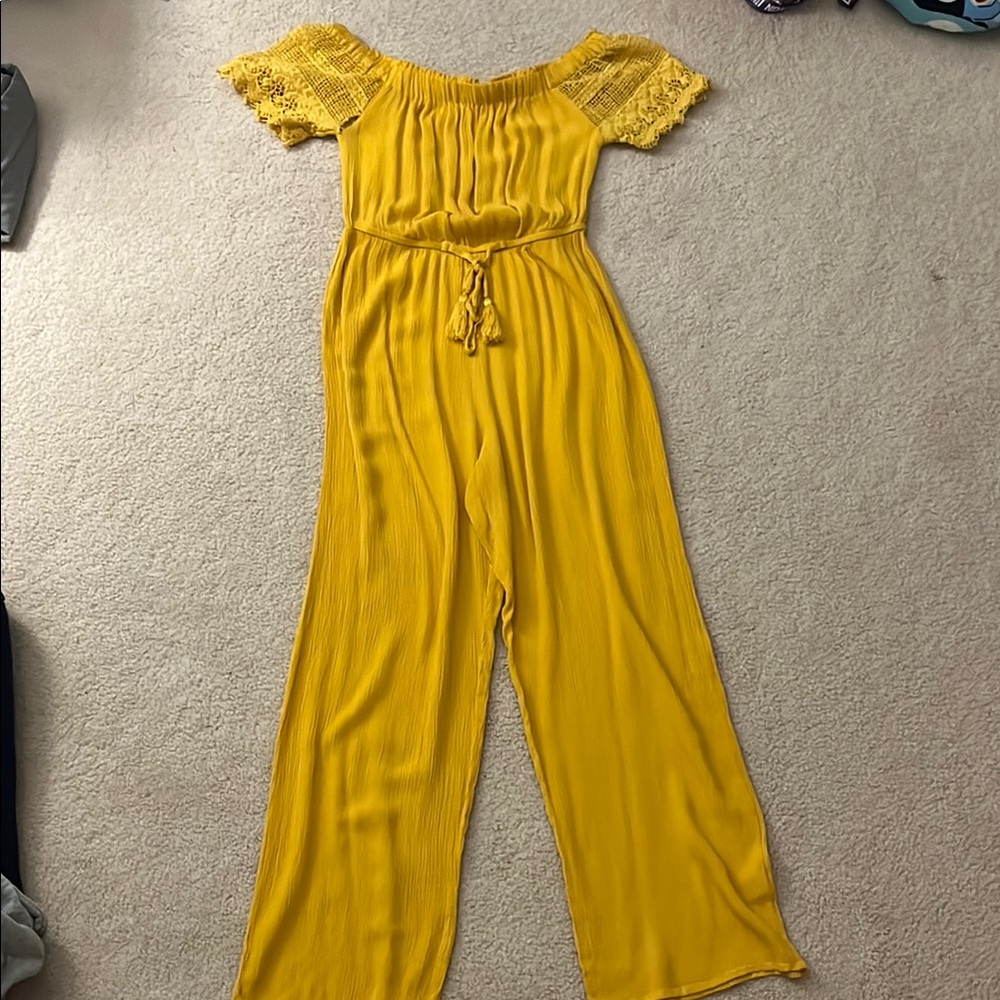 Vibrant Yellow Off-Shoulder Jumpsuit with Lace Sleeves